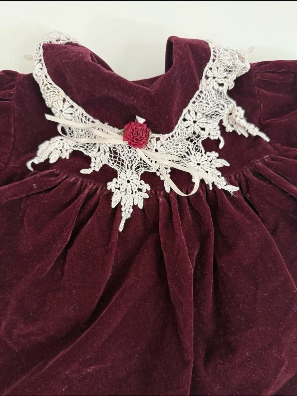 Vintage Memories By Jo Lene Baby Dress, Burgundy Velvet, Lace Collar 18 Months